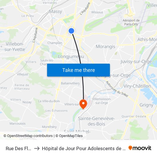 Rue Des Fleurs to Hôpital de Jour Pour Adolescents de L'Essonne map