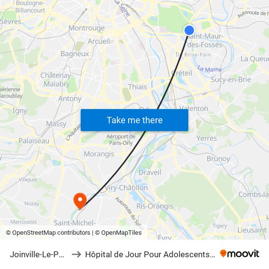Joinville-Le-Pont RER to Hôpital de Jour Pour Adolescents de L'Essonne map