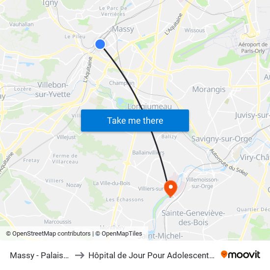 Massy - Palaiseau RER to Hôpital de Jour Pour Adolescents de L'Essonne map