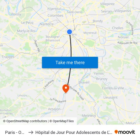 Paris - Opéra to Hôpital de Jour Pour Adolescents de L'Essonne map
