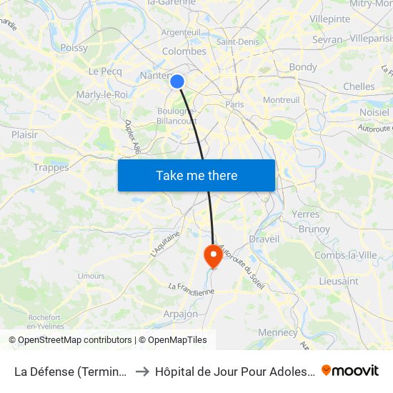 La Défense (Terminal Jules Verne) to Hôpital de Jour Pour Adolescents de L'Essonne map