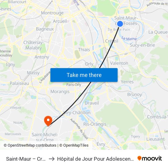 Saint-Maur – Créteil RER to Hôpital de Jour Pour Adolescents de L'Essonne map