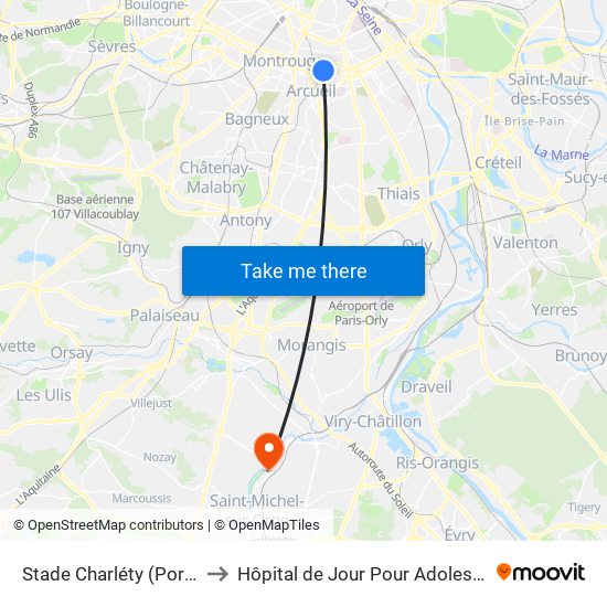 Stade Charléty (Porte de Gentilly) to Hôpital de Jour Pour Adolescents de L'Essonne map