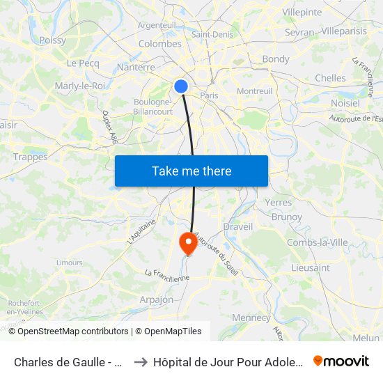 Charles de Gaulle - Étoile - Wagram to Hôpital de Jour Pour Adolescents de L'Essonne map