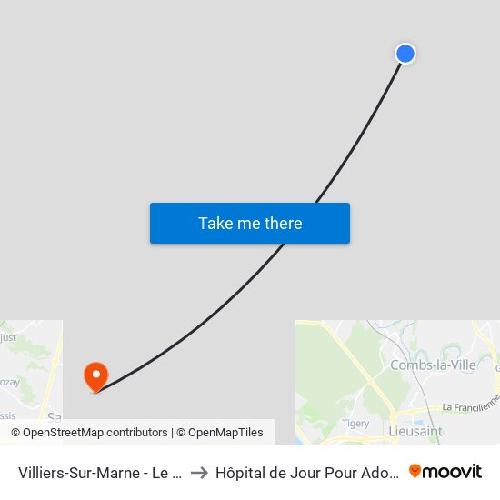 Villiers-Sur-Marne - Le Plessis-Trévise RER to Hôpital de Jour Pour Adolescents de L'Essonne map