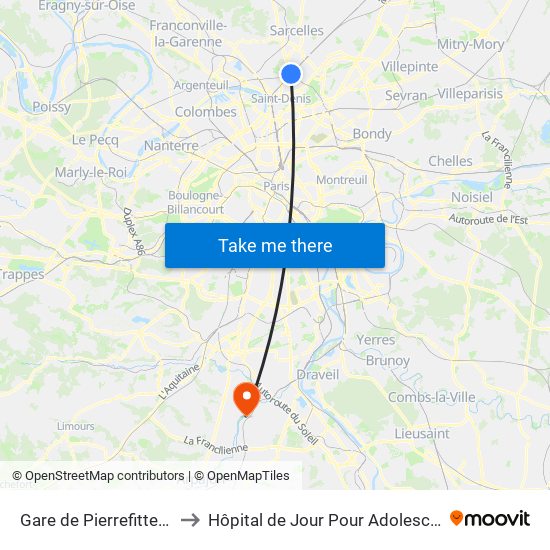 Gare de Pierrefitte - Stains RER to Hôpital de Jour Pour Adolescents de L'Essonne map