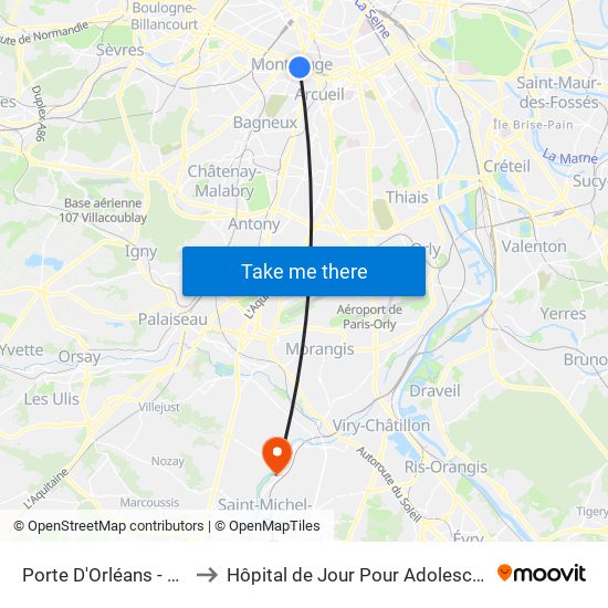 Porte D'Orléans - Ernest Reyer to Hôpital de Jour Pour Adolescents de L'Essonne map