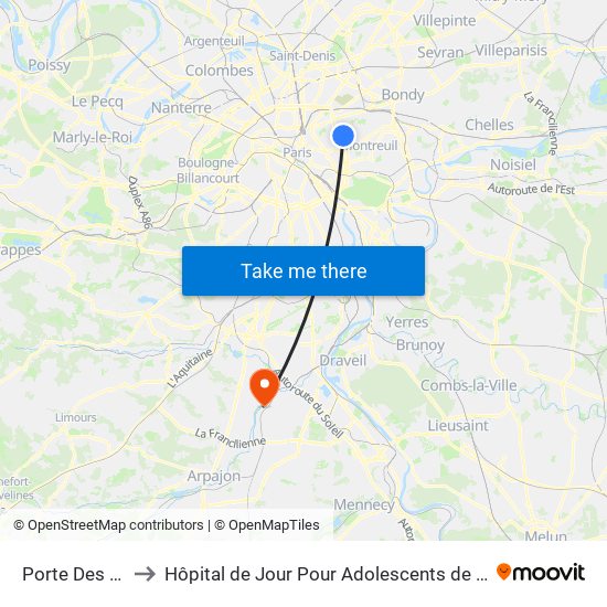 Porte Des Lilas to Hôpital de Jour Pour Adolescents de L'Essonne map