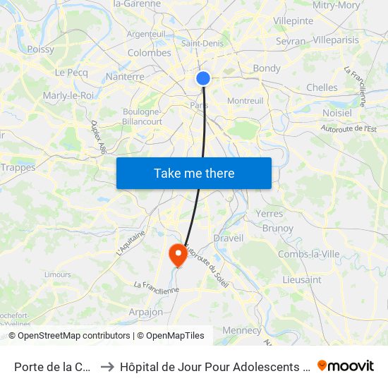 Porte de la Chapelle to Hôpital de Jour Pour Adolescents de L'Essonne map