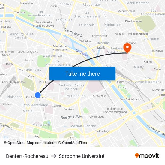 Denfert-Rochereau to Sorbonne Université map
