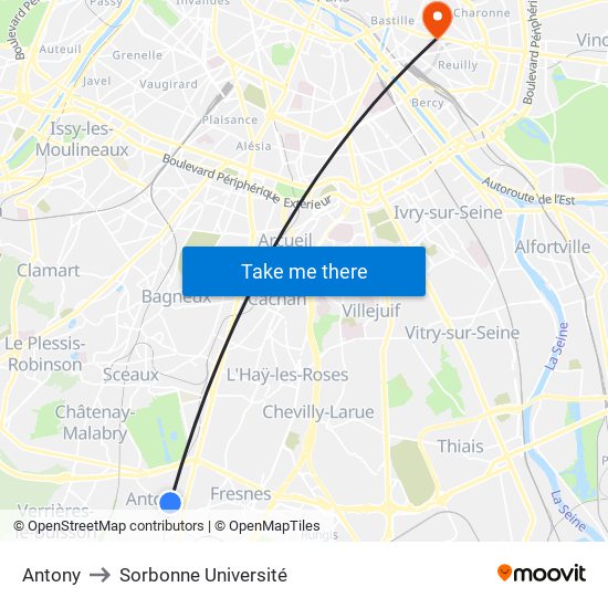 Antony to Sorbonne Université map