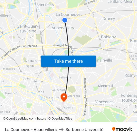 La Courneuve - Aubervilliers to Sorbonne Université map