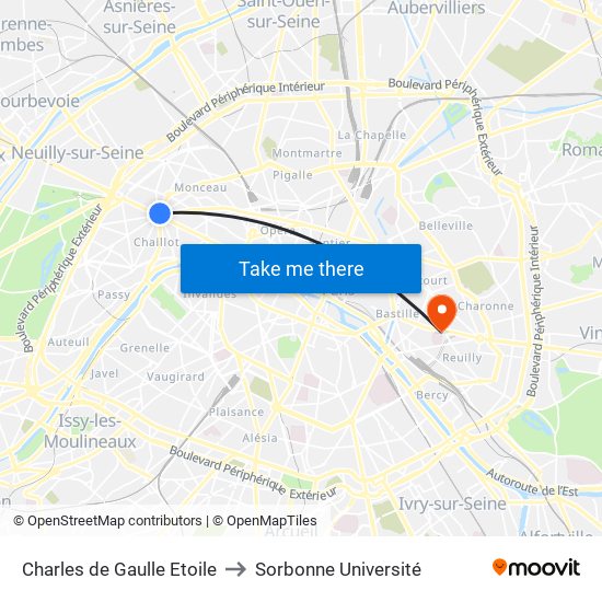 Charles de Gaulle Etoile to Sorbonne Université map