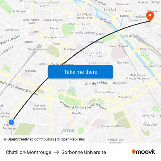 Châtillon-Montrouge to Sorbonne Université map
