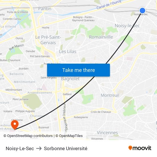 Noisy-Le-Sec to Sorbonne Université map