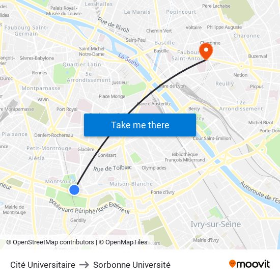Cité Universitaire to Sorbonne Université map