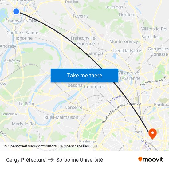 Cergy Préfecture to Sorbonne Université map