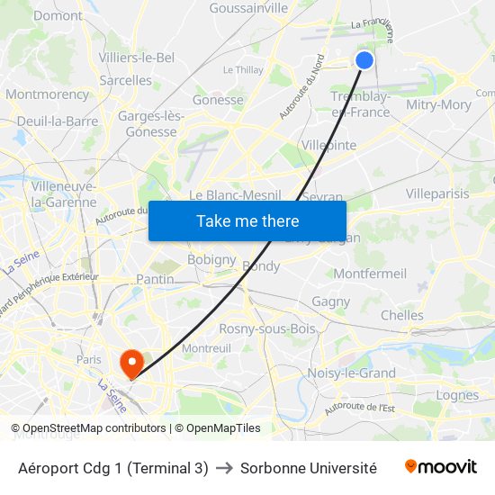 Aéroport Cdg 1 (Terminal 3) to Sorbonne Université map