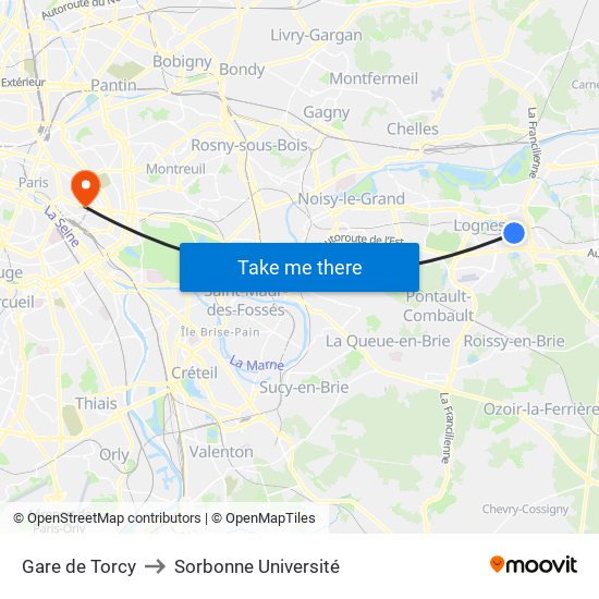 Gare de Torcy to Sorbonne Université map