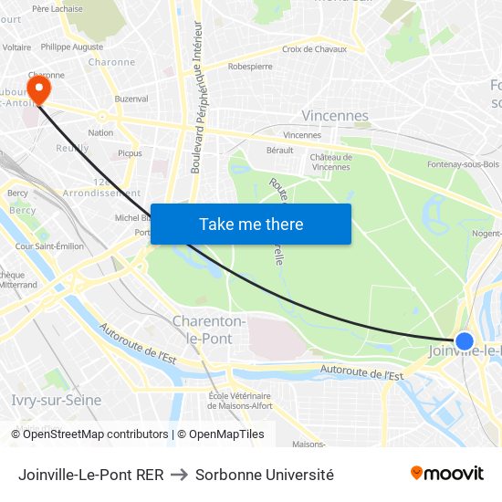 Joinville-Le-Pont RER to Sorbonne Université map