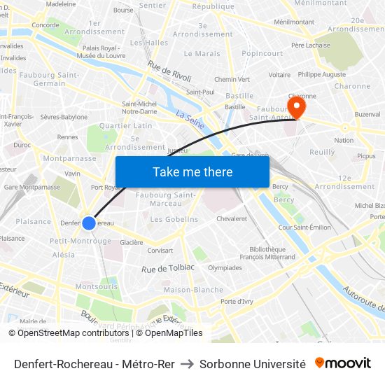 Denfert-Rochereau - Métro-Rer to Sorbonne Université map