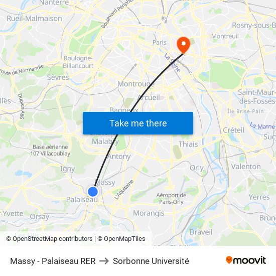 Massy - Palaiseau RER to Sorbonne Université map