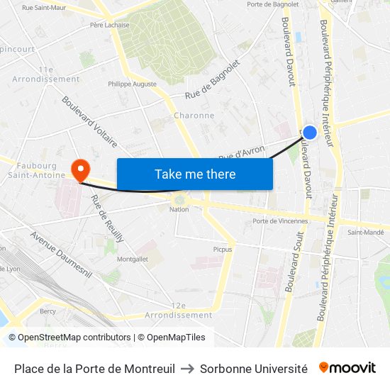 Place de la Porte de Montreuil to Sorbonne Université map