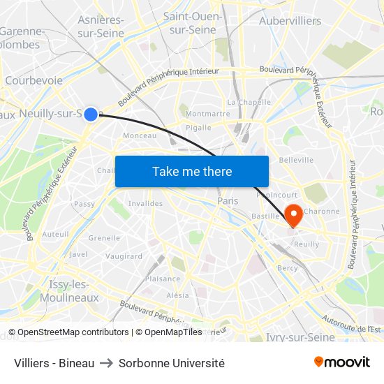 Villiers - Bineau to Sorbonne Université map