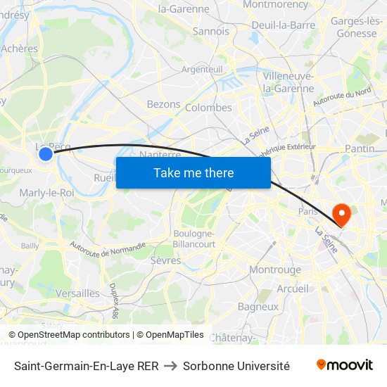 Saint-Germain-En-Laye RER to Sorbonne Université map
