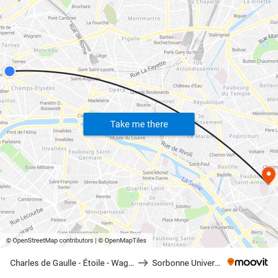 Charles de Gaulle - Étoile - Wagram to Sorbonne Université map