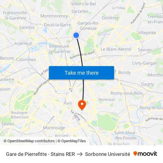 Gare de Pierrefitte - Stains RER to Sorbonne Université map