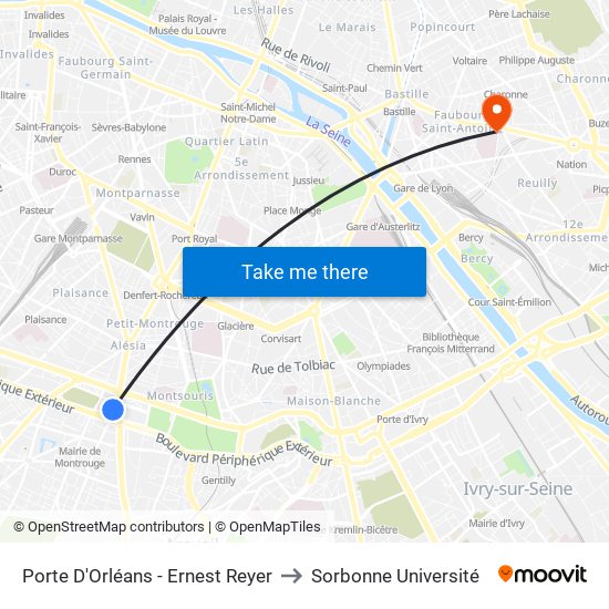 Porte D'Orléans - Ernest Reyer to Sorbonne Université map