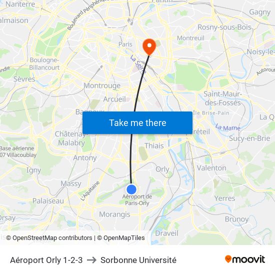 Aéroport Orly 1-2-3 to Sorbonne Université map