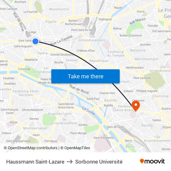 Haussmann Saint-Lazare to Sorbonne Université map