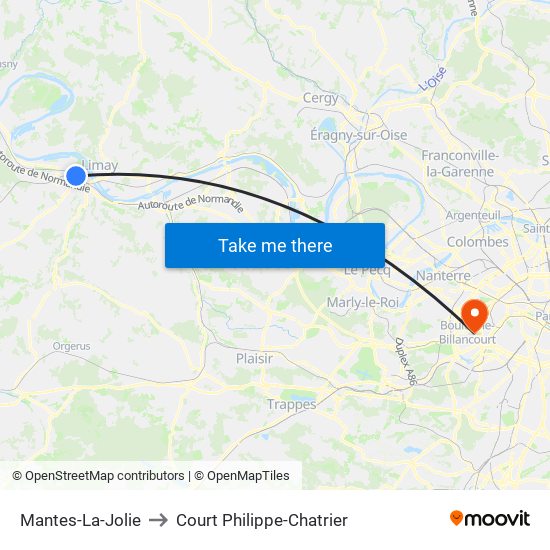 Mantes-La-Jolie to Court Philippe-Chatrier map