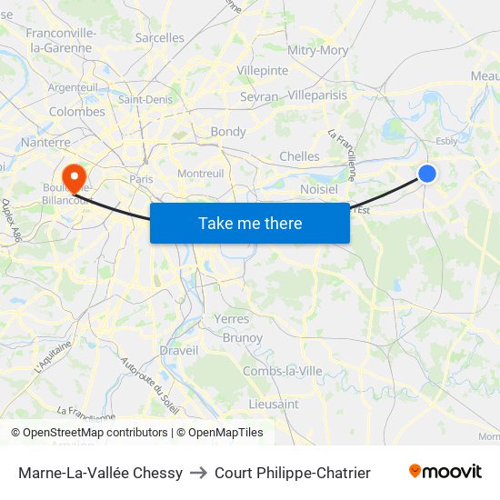 Marne-La-Vallée Chessy to Court Philippe-Chatrier map