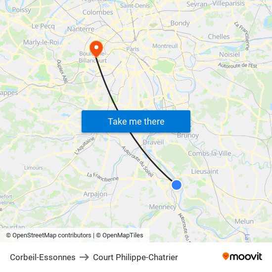 Corbeil-Essonnes to Court Philippe-Chatrier map
