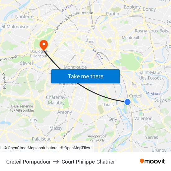 Créteil Pompadour to Court Philippe-Chatrier map