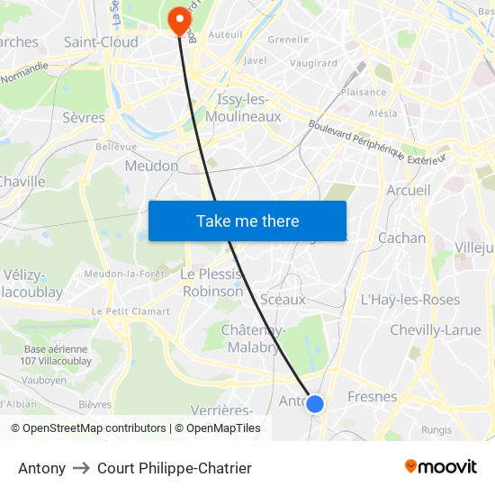 Antony to Court Philippe-Chatrier map