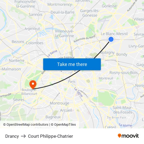 Drancy to Court Philippe-Chatrier map