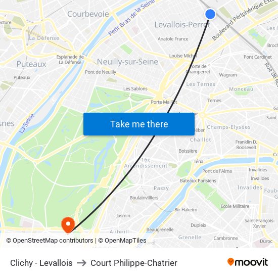 Clichy - Levallois to Court Philippe-Chatrier map