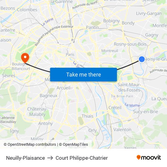 Neuilly-Plaisance to Court Philippe-Chatrier map