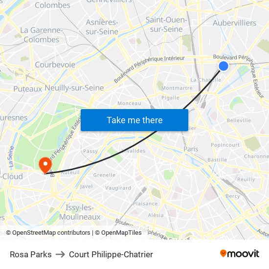 Rosa Parks to Court Philippe-Chatrier map