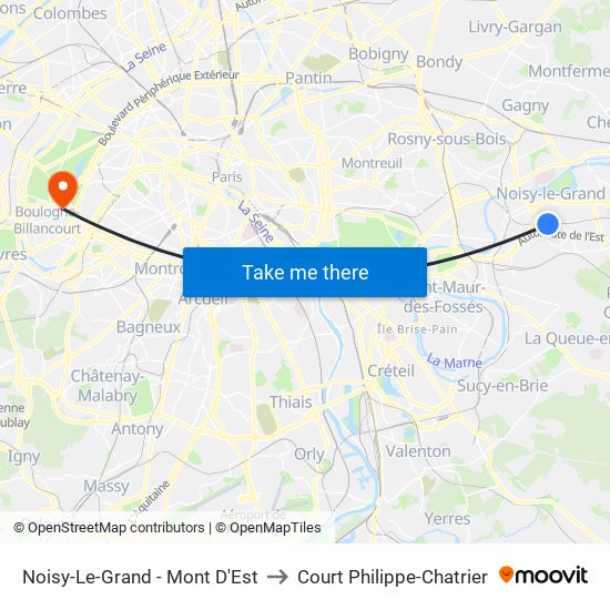 Noisy-Le-Grand - Mont D'Est to Court Philippe-Chatrier map