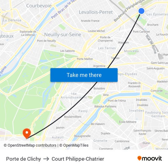 Porte de Clichy to Court Philippe-Chatrier map