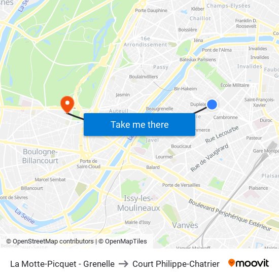 La Motte-Picquet - Grenelle to Court Philippe-Chatrier map