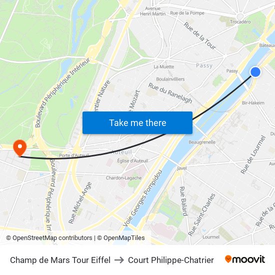 Champ de Mars Tour Eiffel to Court Philippe-Chatrier map
