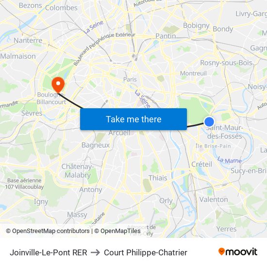 Joinville-Le-Pont RER to Court Philippe-Chatrier map