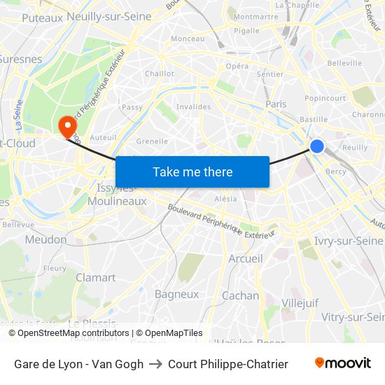 Gare de Lyon - Van Gogh to Court Philippe-Chatrier map