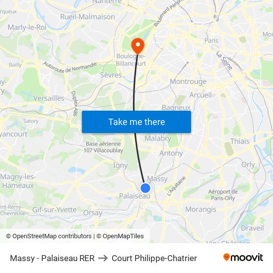 Massy - Palaiseau RER to Court Philippe-Chatrier map